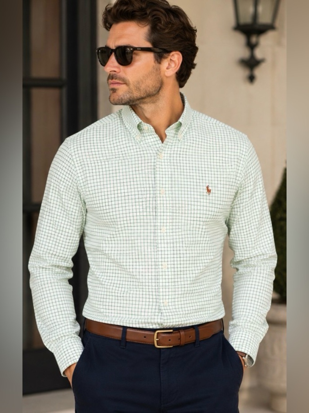 Ralph Lauren Blake men’s large green white check cotton button-down dress shirt